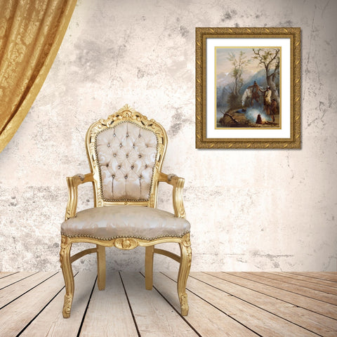 Roasting the Hump Rib Gold Ornate Wood Framed Art Print with Double Matting by Miller, Alfred Jacob