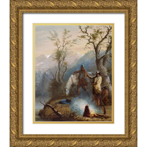 Roasting the Hump Rib Gold Ornate Wood Framed Art Print with Double Matting by Miller, Alfred Jacob