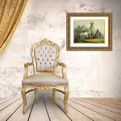 Shoshone Indian and his Pet Horse Gold Ornate Wood Framed Art Print with Double Matting by Miller, Alfred Jacob