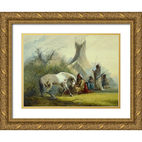 Shoshone Indian and his Pet Horse Gold Ornate Wood Framed Art Print with Double Matting by Miller, Alfred Jacob