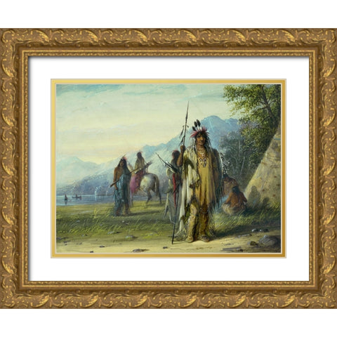 Snake Indian Camp Gold Ornate Wood Framed Art Print with Double Matting by Miller, Alfred Jacob