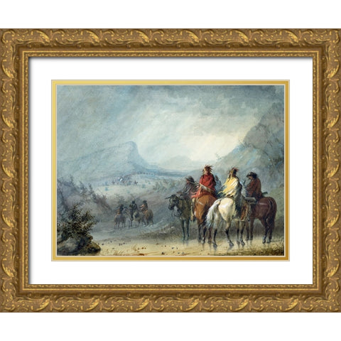 Waiting for the Caravan Gold Ornate Wood Framed Art Print with Double Matting by Miller, Alfred Jacob