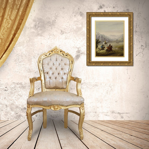 The Grizzly Bear Hunt Gold Ornate Wood Framed Art Print with Double Matting by Miller, Alfred Jacob