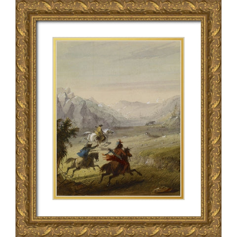 The Grizzly Bear Hunt Gold Ornate Wood Framed Art Print with Double Matting by Miller, Alfred Jacob