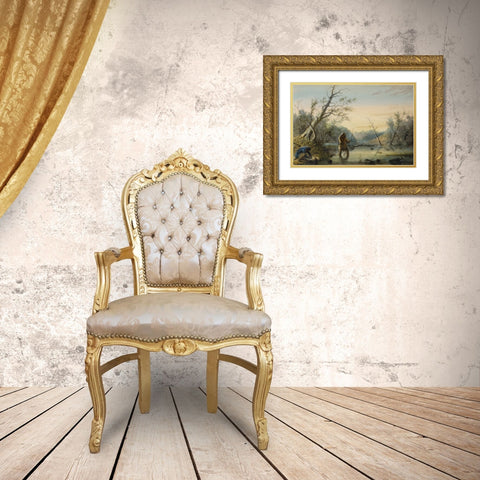Trapping Beaver Gold Ornate Wood Framed Art Print with Double Matting by Miller, Alfred Jacob
