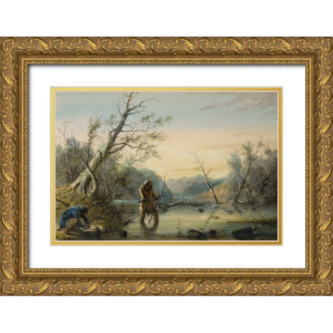 Trapping Beaver Gold Ornate Wood Framed Art Print with Double Matting by Miller, Alfred Jacob