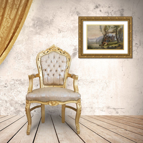 Visit to an Indian Camp Gold Ornate Wood Framed Art Print with Double Matting by Miller, Alfred Jacob