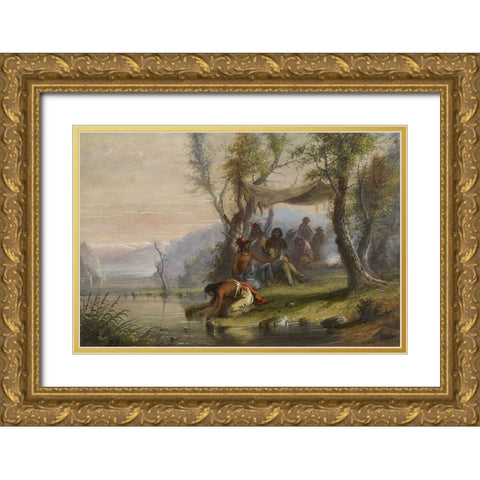 Visit to an Indian Camp Gold Ornate Wood Framed Art Print with Double Matting by Miller, Alfred Jacob