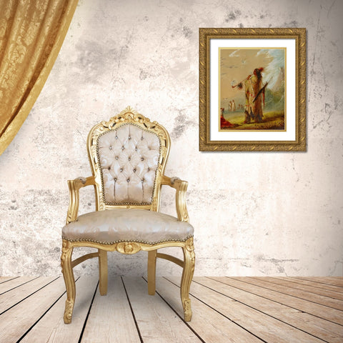 A Shoshonee Indian Smoking Gold Ornate Wood Framed Art Print with Double Matting by Miller, Alfred Jacob