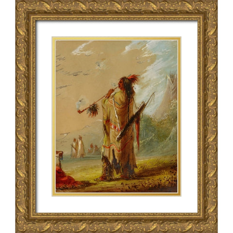 A Shoshonee Indian Smoking Gold Ornate Wood Framed Art Print with Double Matting by Miller, Alfred Jacob
