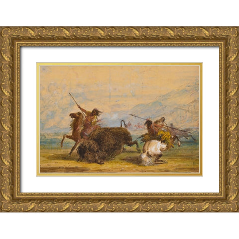 Crow Indians attacking a buffalo with the lance Gold Ornate Wood Framed Art Print with Double Matting by Miller, Alfred Jacob