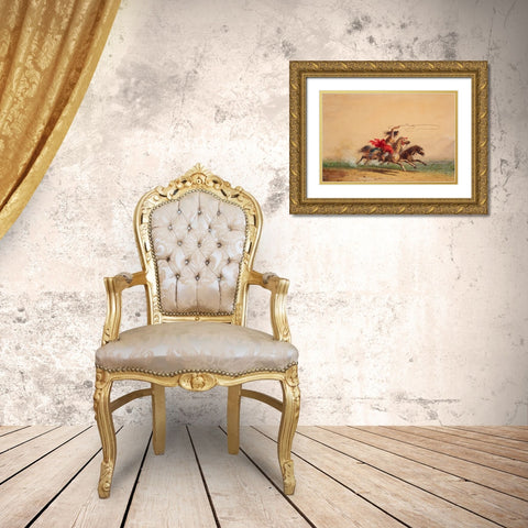 Lassoing Wild Horses Gold Ornate Wood Framed Art Print with Double Matting by Miller, Alfred Jacob
