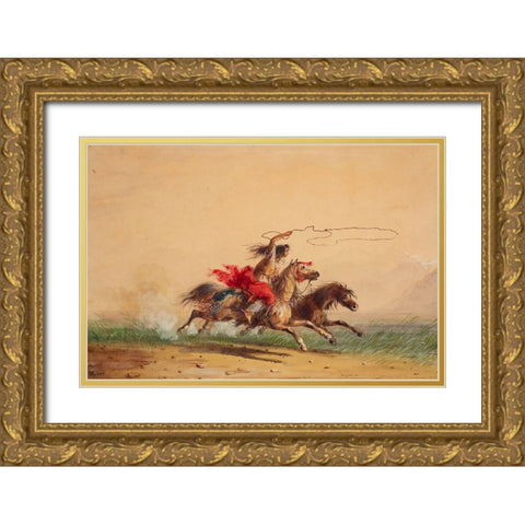 Lassoing Wild Horses Gold Ornate Wood Framed Art Print with Double Matting by Miller, Alfred Jacob