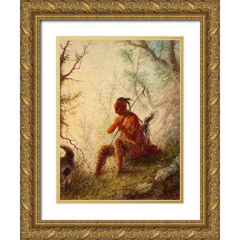 Sioux Indian at a Grave Gold Ornate Wood Framed Art Print with Double Matting by Miller, Alfred Jacob