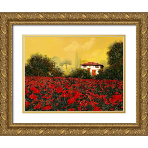 La Casa e I Papaveri Gold Ornate Wood Framed Art Print with Double Matting by Borelli, Guido