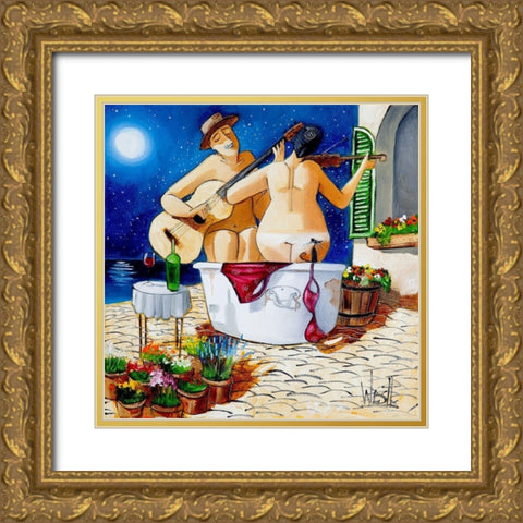 Musicians Bathing Gold Ornate Wood Framed Art Print with Double Matting by West, Ronald