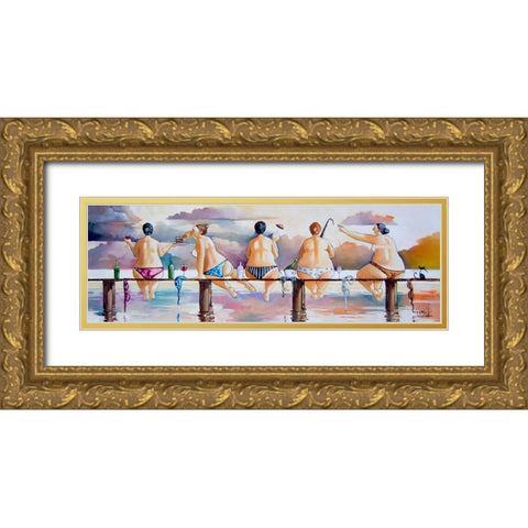 Fishing on the Jetty Gold Ornate Wood Framed Art Print with Double Matting by West, Ronald