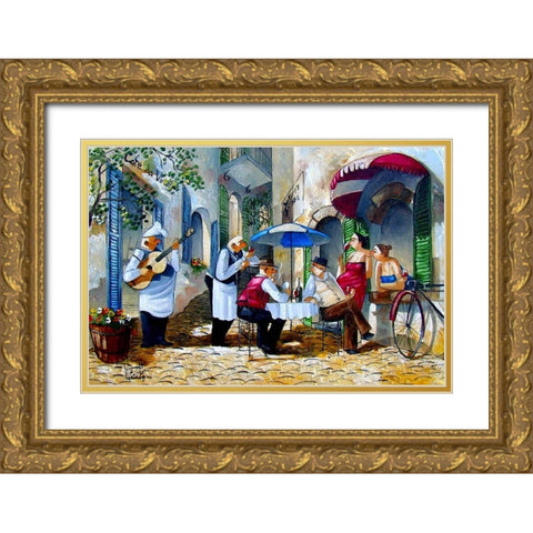 Poker Players at Cafe Kitty Gold Ornate Wood Framed Art Print with Double Matting by West, Ronald