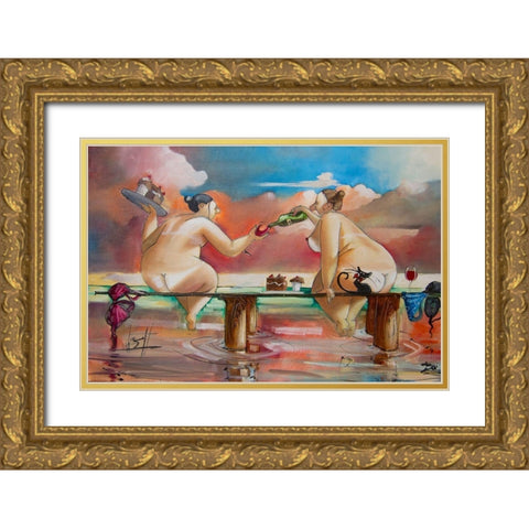 Wine and Cake on Jetty Gold Ornate Wood Framed Art Print with Double Matting by West, Ronald