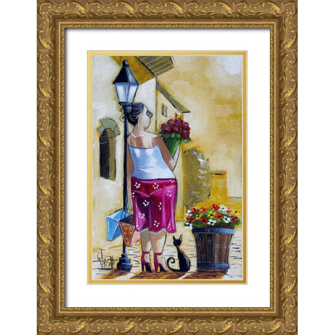 The Bus Stop Gold Ornate Wood Framed Art Print with Double Matting by West, Ronald