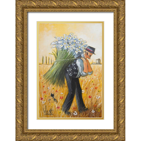 The Lily Picker Gold Ornate Wood Framed Art Print with Double Matting by West, Ronald