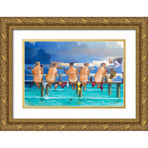 Wine on the Jetty Gold Ornate Wood Framed Art Print with Double Matting by West, Ronald