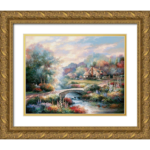 Country Bridge Gold Ornate Wood Framed Art Print with Double Matting by Lee, James