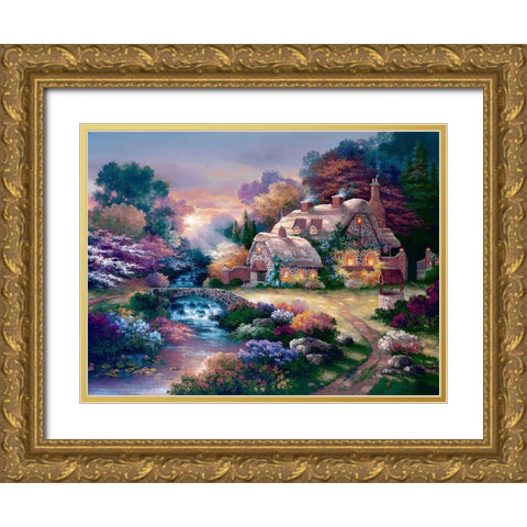 Garden Wishing Well Gold Ornate Wood Framed Art Print with Double Matting by Lee, James