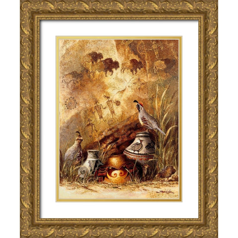 Pots and Quails Gold Ornate Wood Framed Art Print with Double Matting by Lee, James