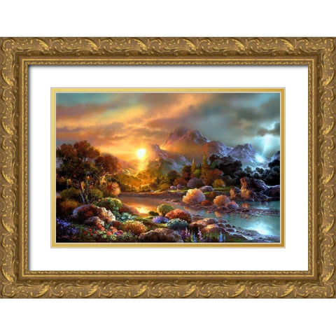 Sunset Creek Gold Ornate Wood Framed Art Print with Double Matting by Lee, James