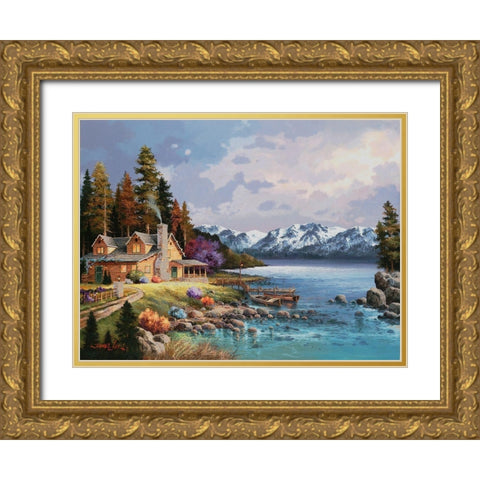 Mountain Cabin Gold Ornate Wood Framed Art Print with Double Matting by Lee, James