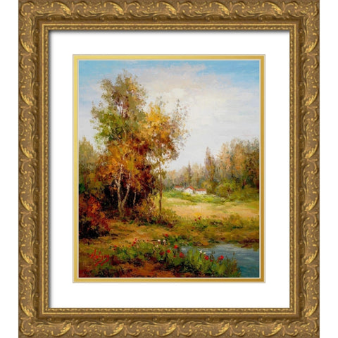 Poppies Pond Gold Ornate Wood Framed Art Print with Double Matting by Hulsey