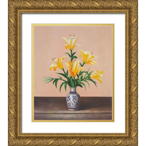Peach Lilies Gold Ornate Wood Framed Art Print with Double Matting by Welby