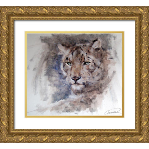 Snow Leopard Stare Gold Ornate Wood Framed Art Print with Double Matting by Campbell, Robert