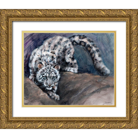 Stalking Snow Leopard Club Gold Ornate Wood Framed Art Print with Double Matting by Campbell, Robert