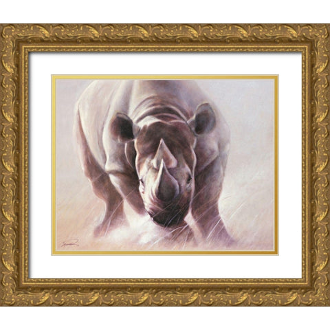 Full Speed Ahead Rhino Gold Ornate Wood Framed Art Print with Double Matting by Campbell, Robert