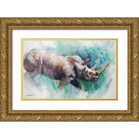 Rhino Crossing Gold Ornate Wood Framed Art Print with Double Matting by Campbell, Robert