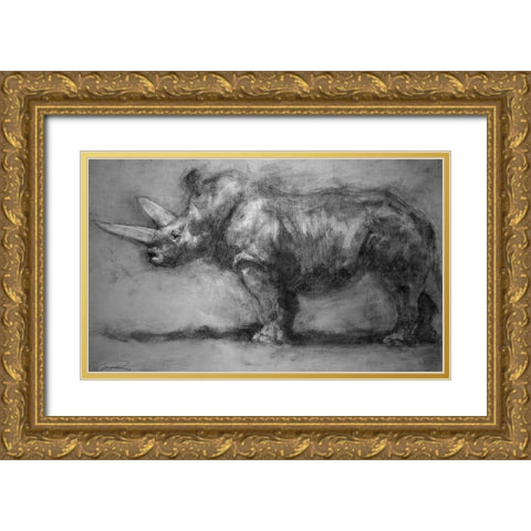 Security Guard Rhino Gold Ornate Wood Framed Art Print with Double Matting by Campbell, Robert