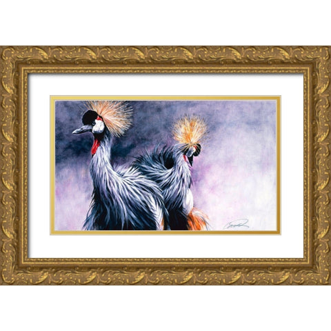 Crowned Cranes Gold Ornate Wood Framed Art Print with Double Matting by Campbell, Robert