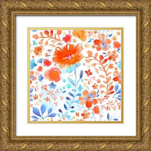 Scarlet and Sky Garden Gold Ornate Wood Framed Art Print with Double Matting by Naskrent, Delores