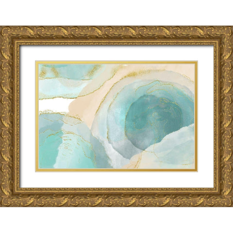 Waikiki Beach Blue Gold Ornate Wood Framed Art Print with Double Matting by Naskrent, Delores