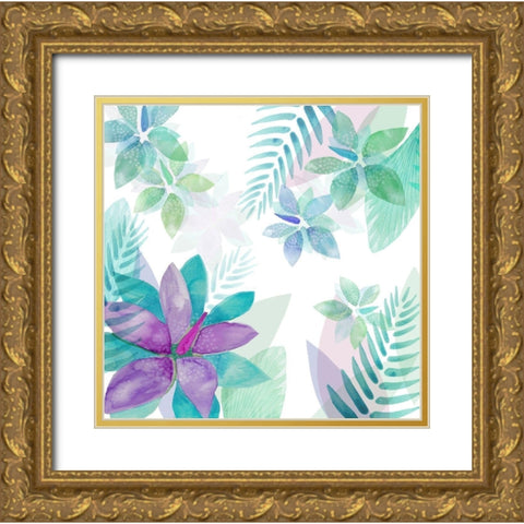 Aqua Violet Flowers Gold Ornate Wood Framed Art Print with Double Matting by Kouta, Flora