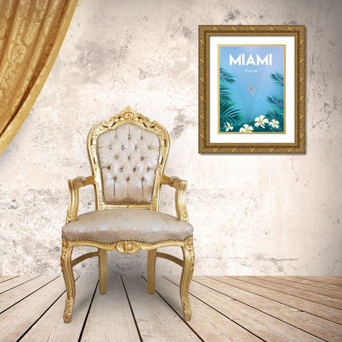 Miami travel poster Gold Ornate Wood Framed Art Print with Double Matting by ARCTIC FRAME