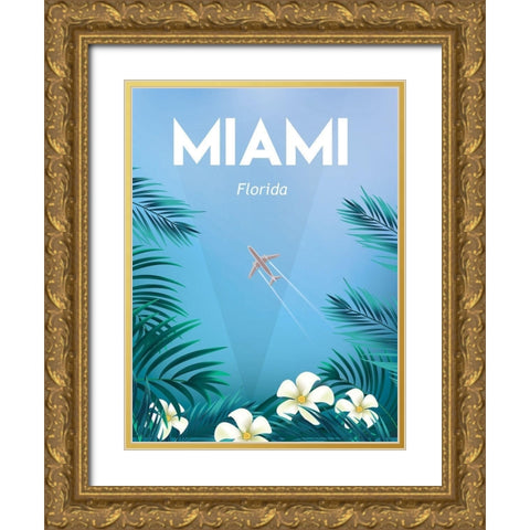 Miami travel poster Gold Ornate Wood Framed Art Print with Double Matting by ARCTIC FRAME