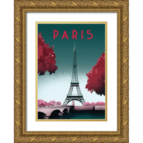 paris travel poster Gold Ornate Wood Framed Art Print with Double Matting by ARCTIC FRAME