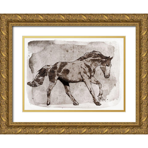 Running Brown Horse Gold Ornate Wood Framed Art Print with Double Matting by Orlov, Irena