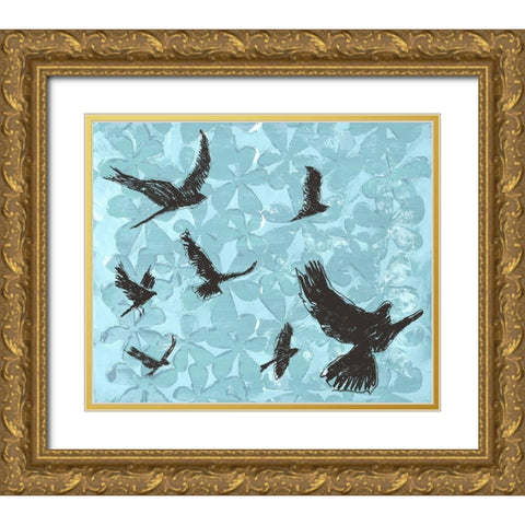 Birds on Light Blue Gold Ornate Wood Framed Art Print with Double Matting by St Hilaire, Elizabeth