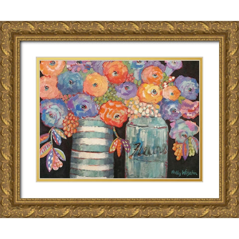 Two Aqua Vases of Flowers Gold Ornate Wood Framed Art Print with Double Matting by Wojahn, Holly