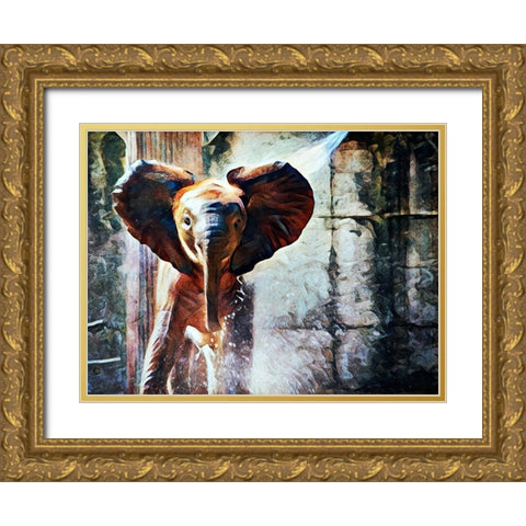 Baby African Elephant Hose Down Gold Ornate Wood Framed Art Print with Double Matting by Aldridge, Ashley