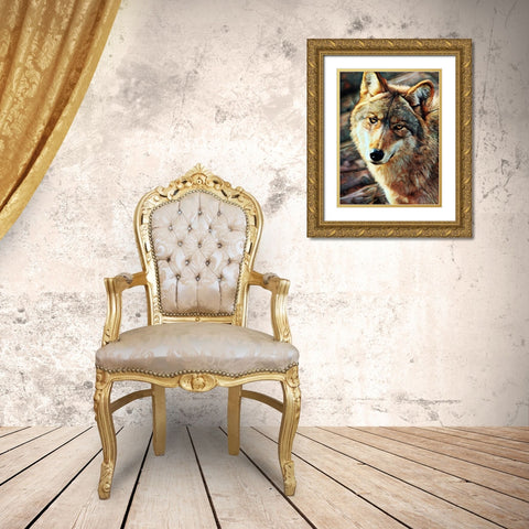 Gray Wolf Glare Gold Ornate Wood Framed Art Print with Double Matting by Aldridge, Ashley